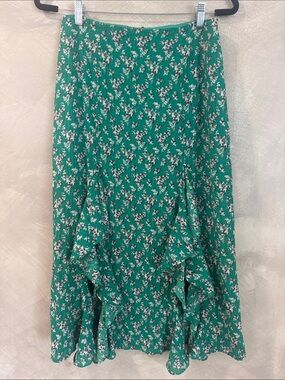 The Fifth Label Emerald Green Floral Ruffle Midi Skirt